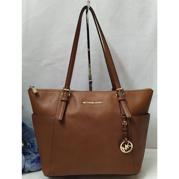 Michael Kors Jet Set Brown Crossgrain Leather Pockets Zipper Tote Shoulder Bag - Picture 1 of 16